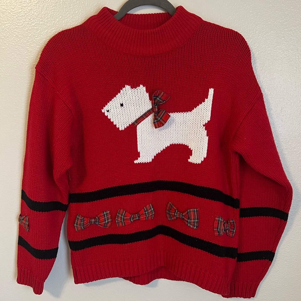 Vintage 80s Terrier Dog Christmas Sweater Red Plaid Bow Scottie Hearts Women’s M
